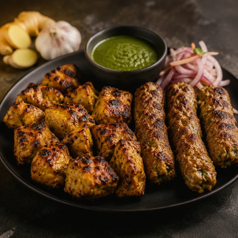 Two-Shape Chicken Kebab Plate: Boti & Seekh with Mint Chutney
