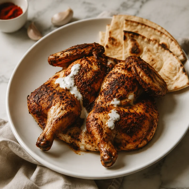 Spatchcocked Rotisserie-Style Chicken with Toum and Warm Pita