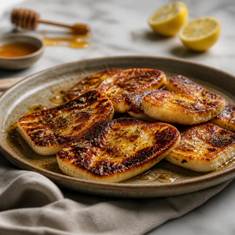 Seared Halloumi Slabs with Hot Honey, Lemon & Oregano