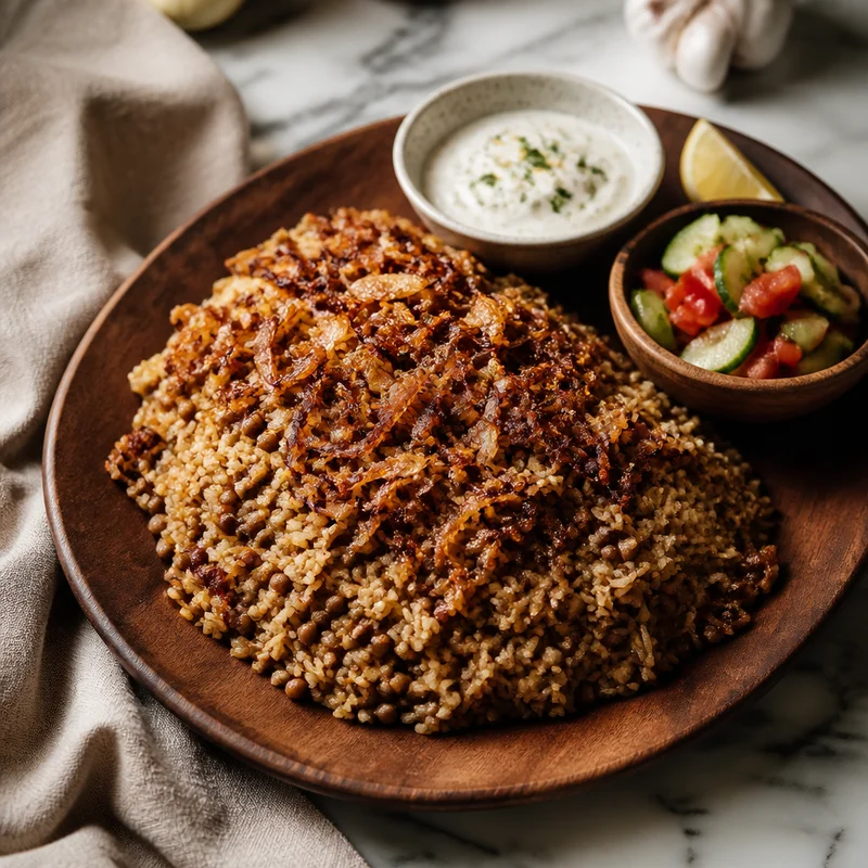 Onion-Oil Mujadara with Crispy Onions and Lemon-Mint Yogurt