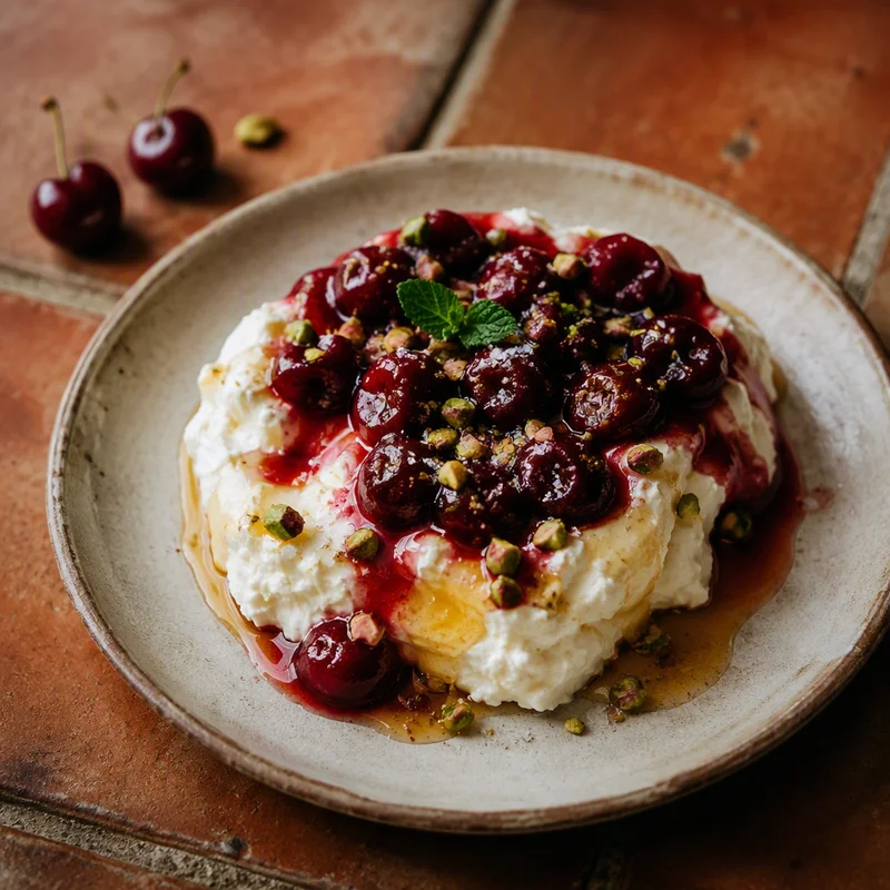 Thick Greek Yogurt with Honey, Sour Cherry Compote and Pistachios