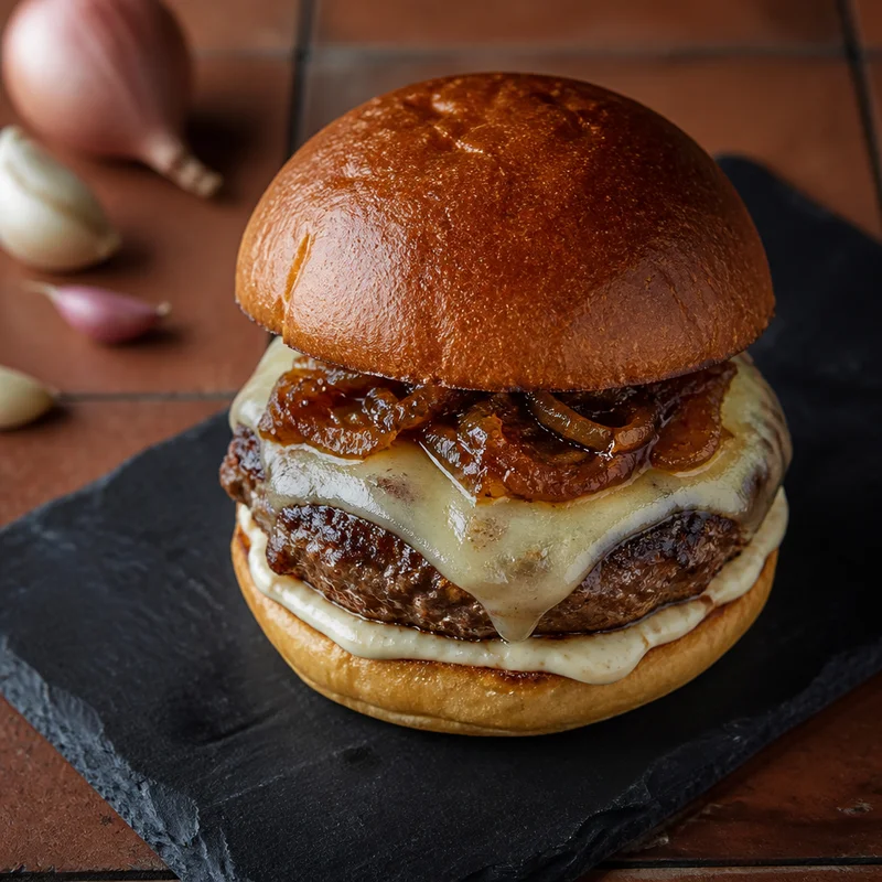 Bistro Burger with Gruyère, Jammy Shallots & Garlic Aioli