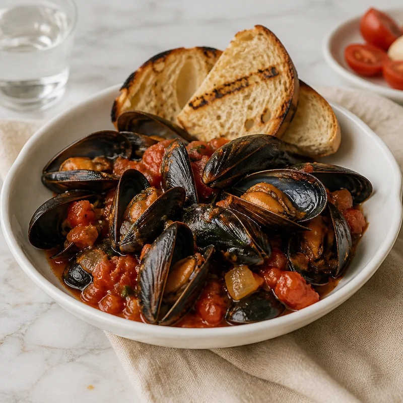 Greek Ouzo Mussels with Tomato and Grilled Bread