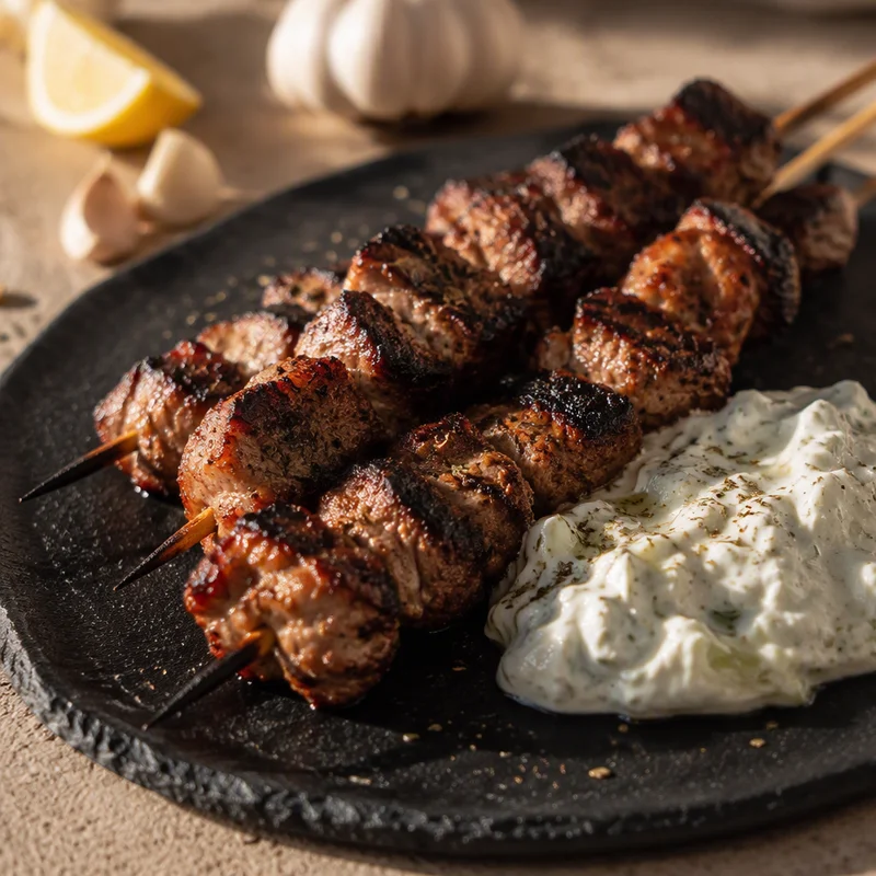 Charred Pork Souvlaki Skewers with Tzatziki