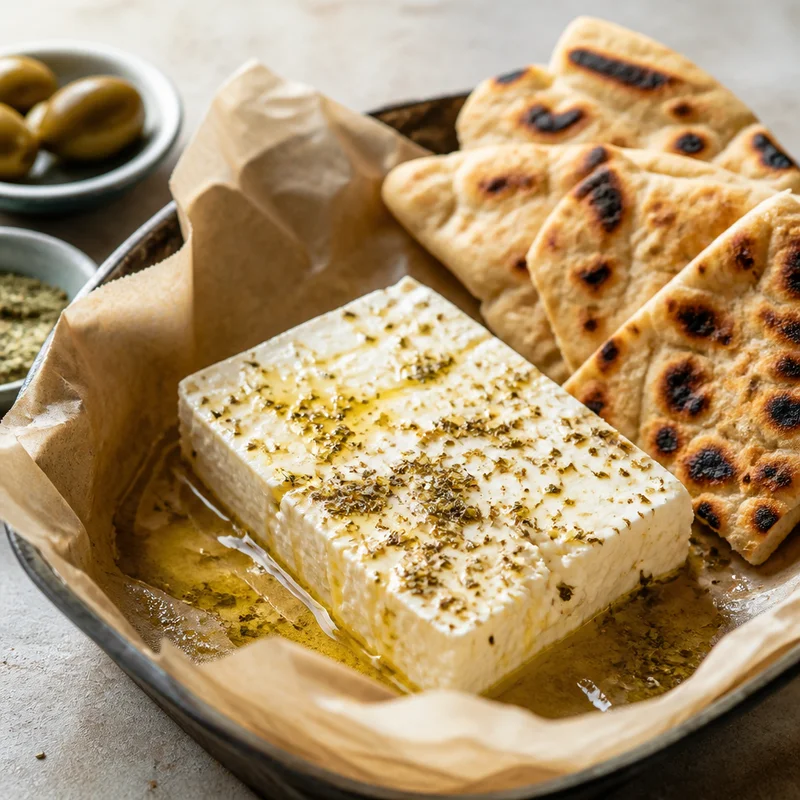 Barrel-Aged Feta Slab with Olive Oil, Oregano and Warm Pita