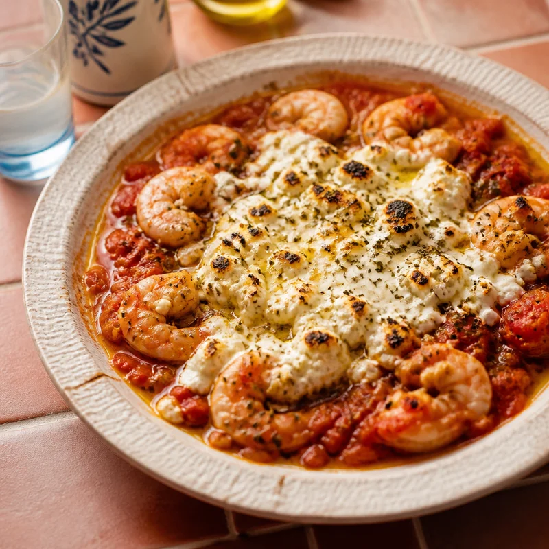 One-Skillet Shrimp Saganaki with Ouzo and Broiled Feta