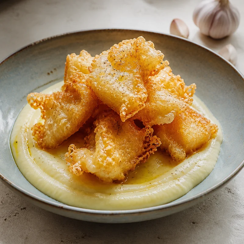 Greek Fried Salt Cod with Garlicky Potato Skordalia