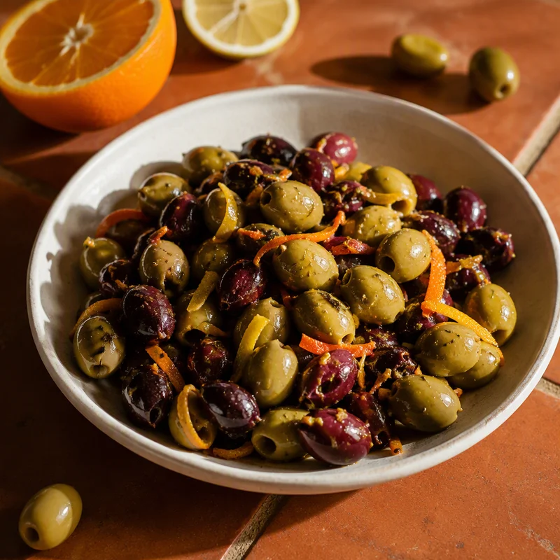 Warm-Marinated Greek Olives with Citrus and Oregano