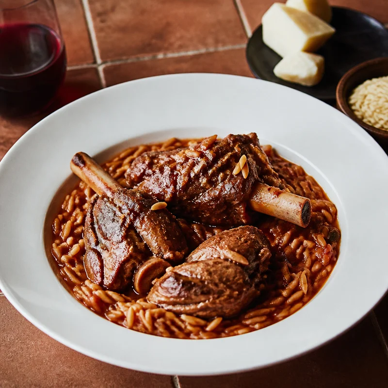 One-Pot Braised Lamb Shanks with Tomato Orzo