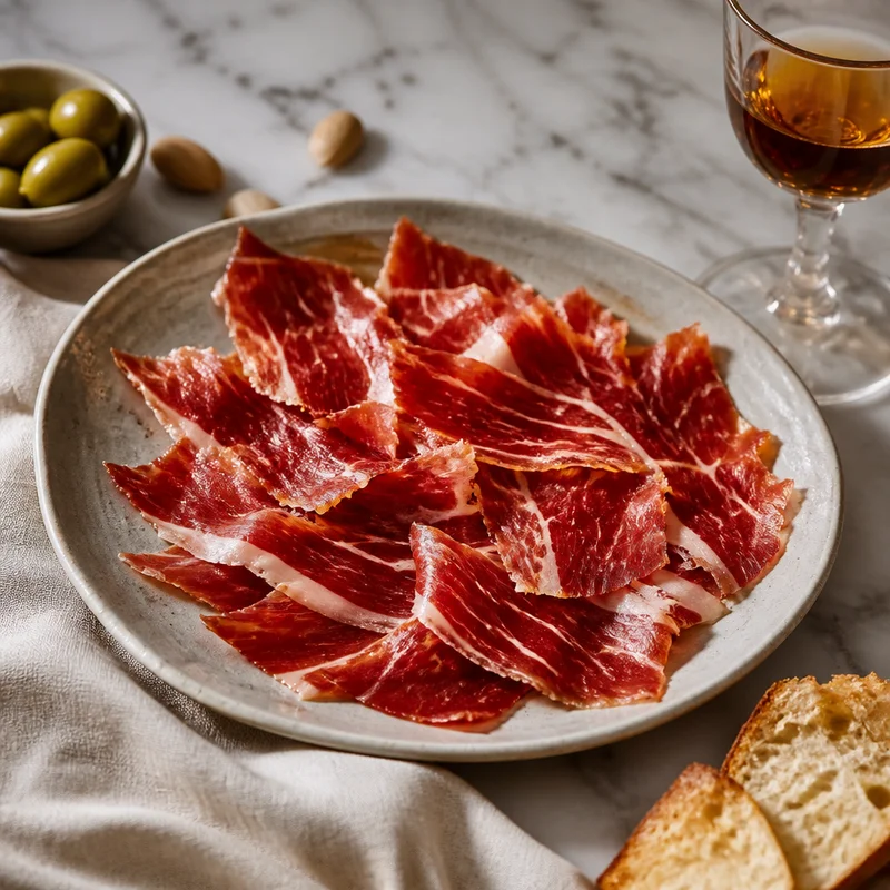 Spanish Cured Ham Plate with Sherry, Olives & Toast