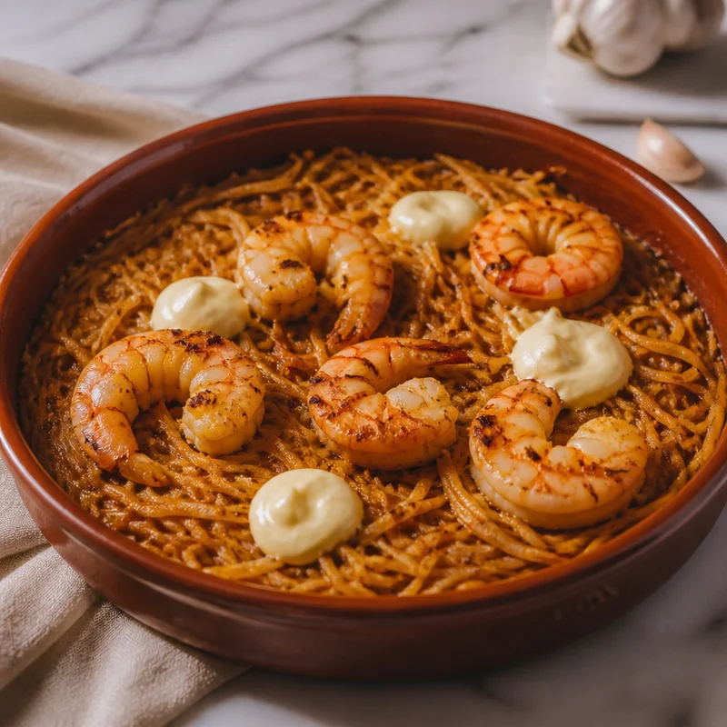 Toasted Noodle Paella with Shrimp and Garlic Aioli