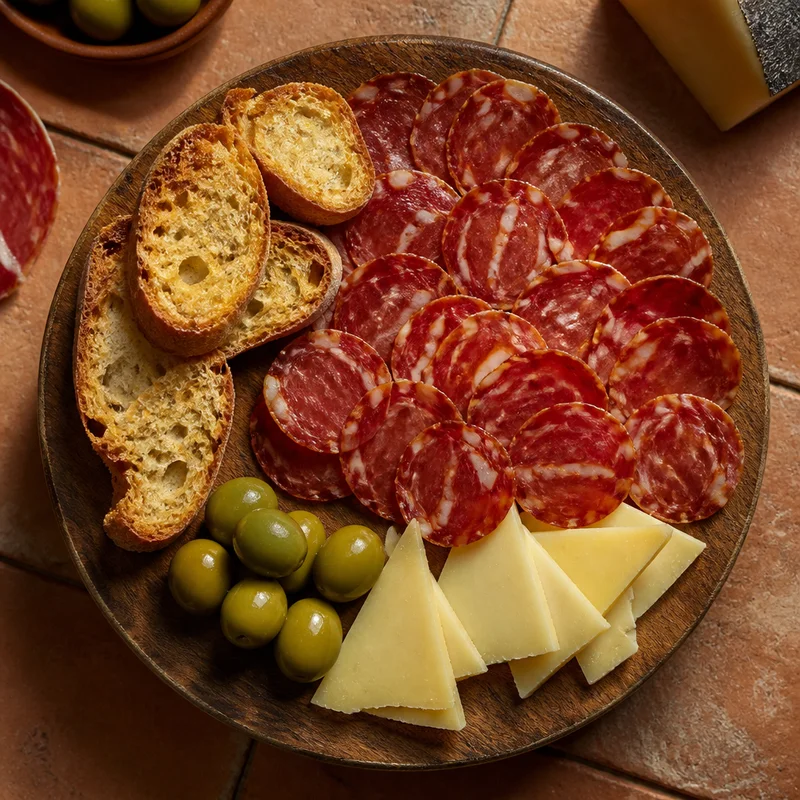 Cured Spanish Pork Loin Board with Manchego, Olives and Toasts