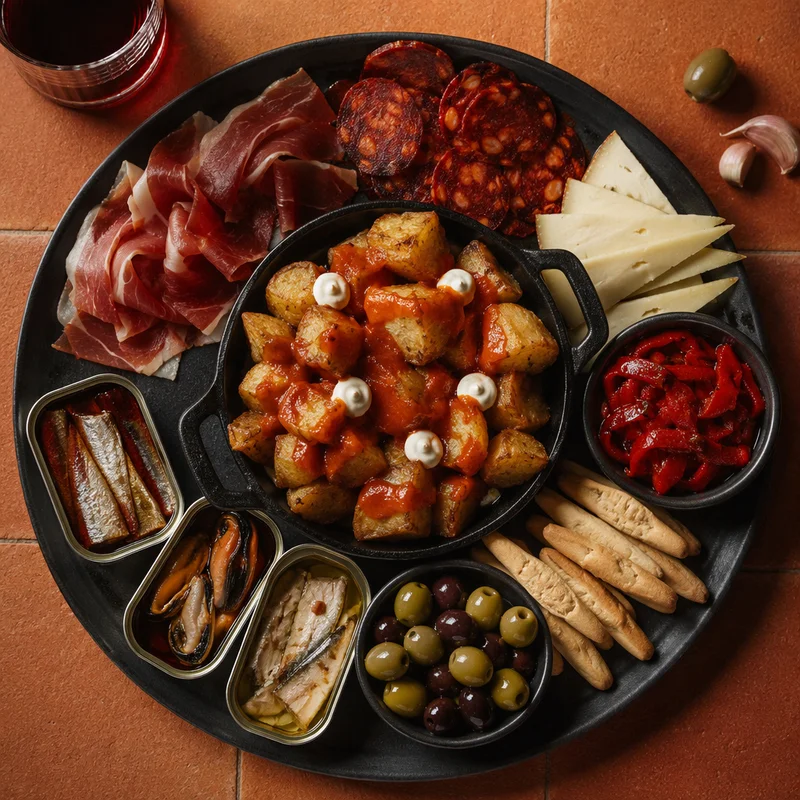 Spanish Aperitivo Board with Hot Patatas Bravas