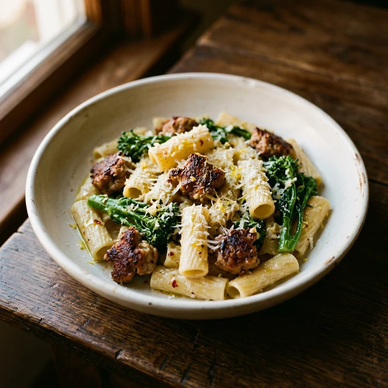 Rigatoni with Sausage & Broccolini in Pecorino Pan Sauce