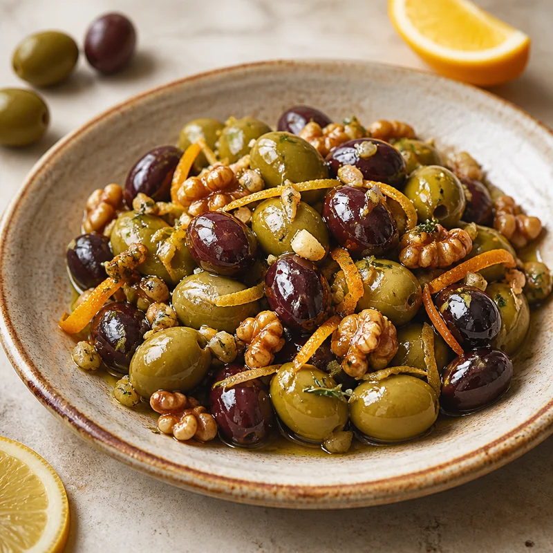 Warm Citrus-and-Herb Marinated Olives with Toasted Walnuts