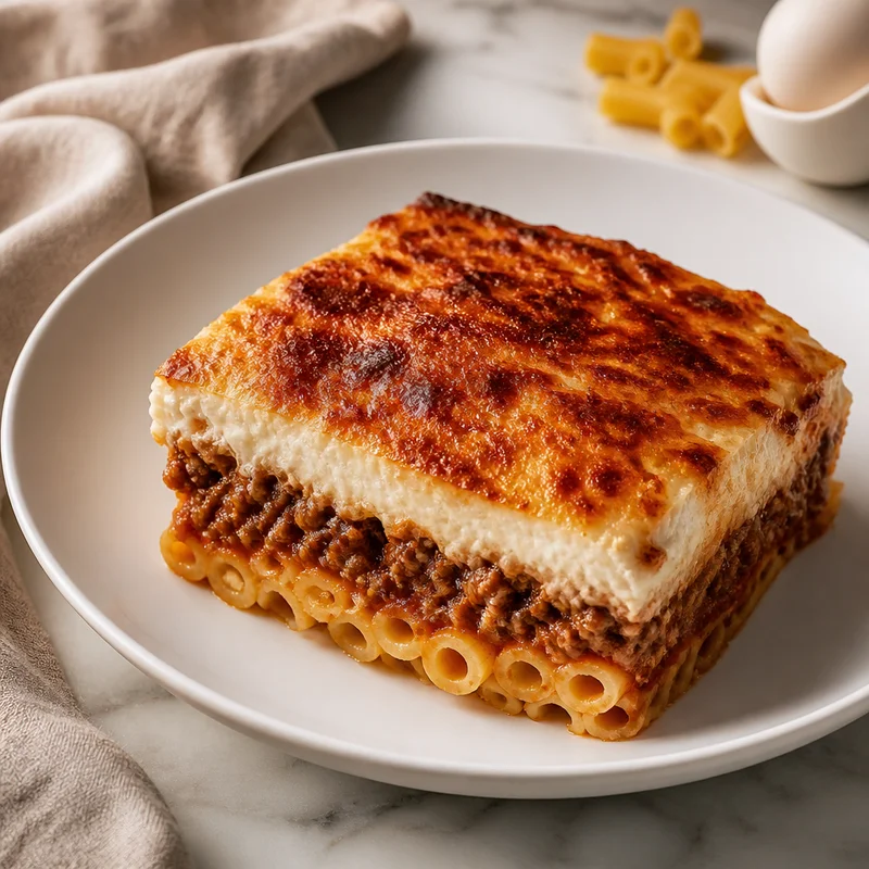 Layered Greek Pastitsio with Cinnamon Beef and Custard Béchamel