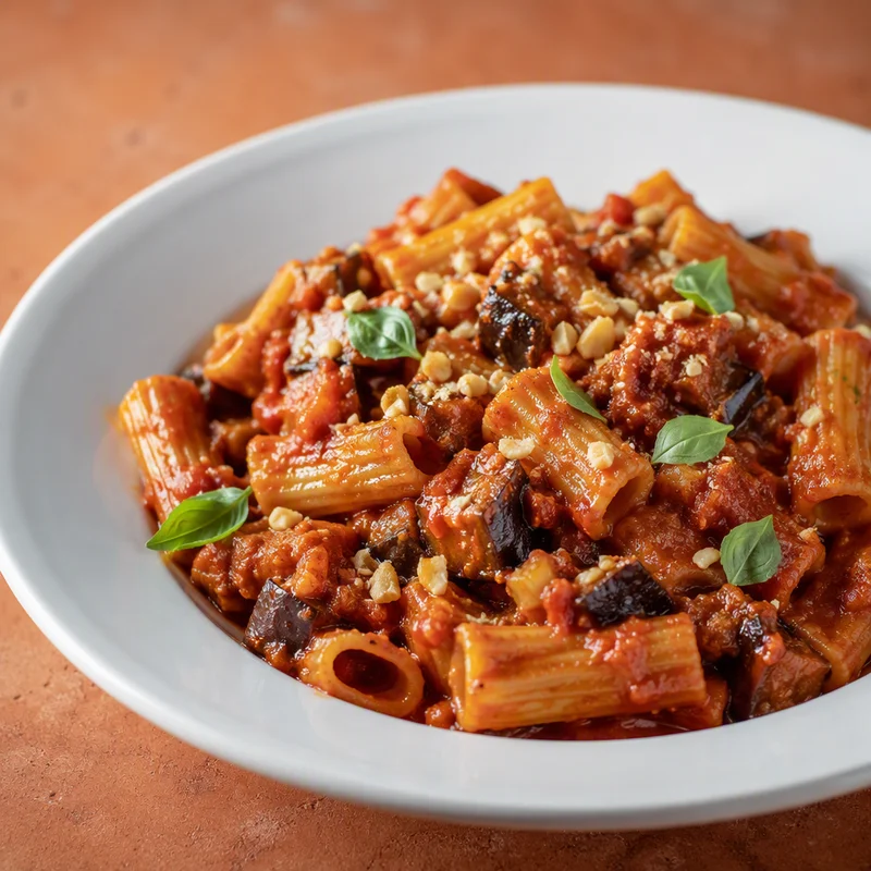 Silky Eggplant Rigatoni with Toasted Almond Crumbs