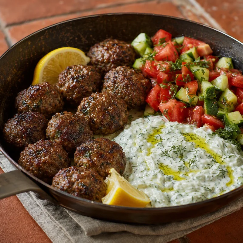 Skillet Lamb Keftedes with Lemon-Dill Tzatziki