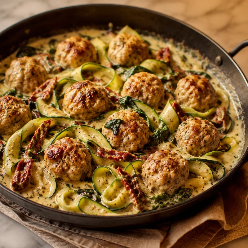 Creamy Tuscan Chicken Meatballs with Zucchini Ribbons