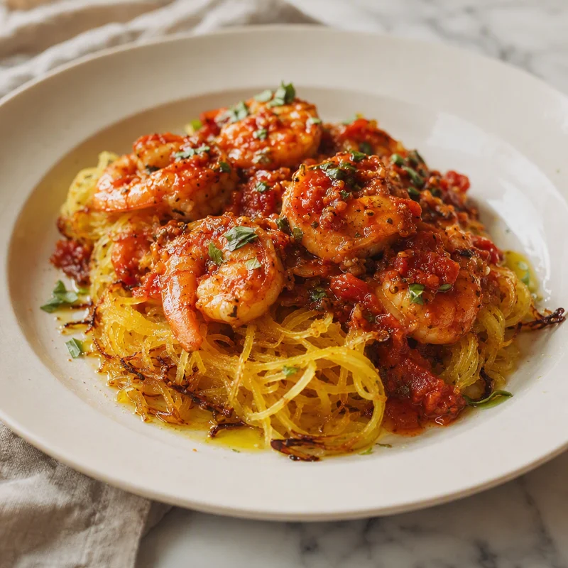 Fiery Shrimp Fra Diavolo over Roasted Spaghetti Squash