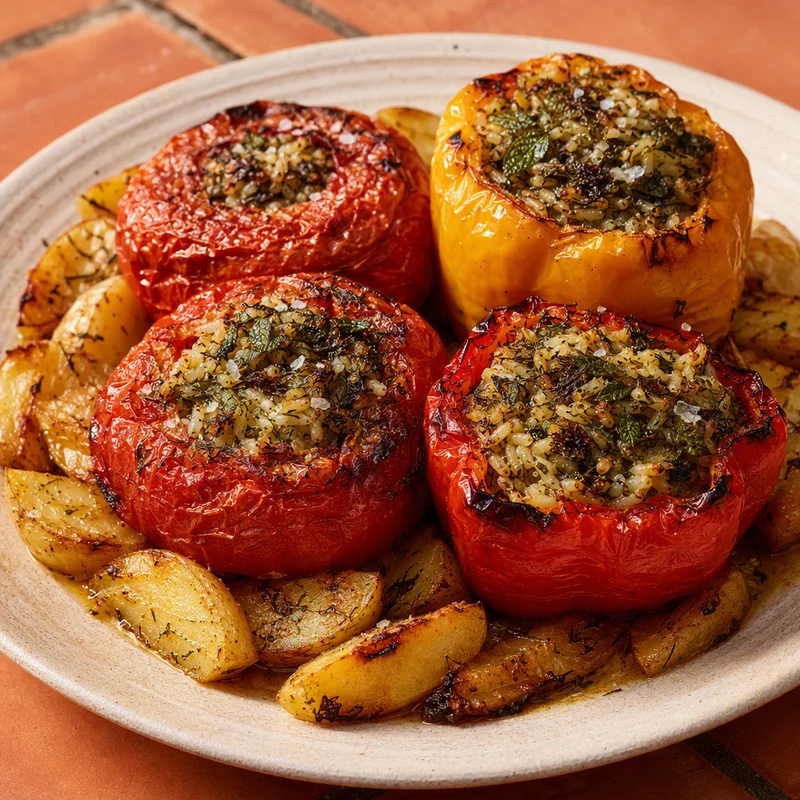 Baked Stuffed Tomatoes & Peppers with Herbed Rice