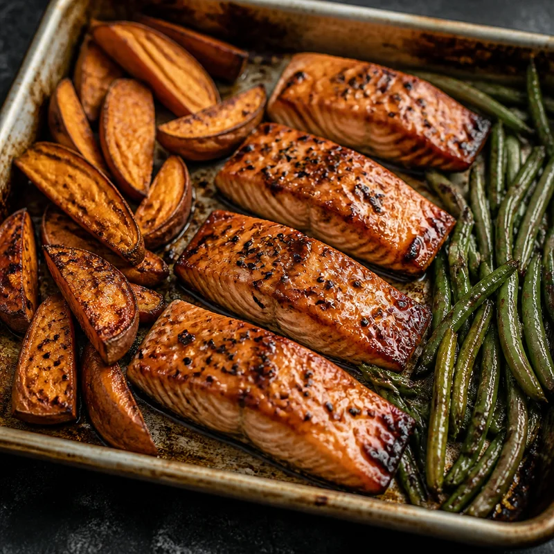 Sheet-Pan Miso Salmon with Sweet Potatoes and Green Beans