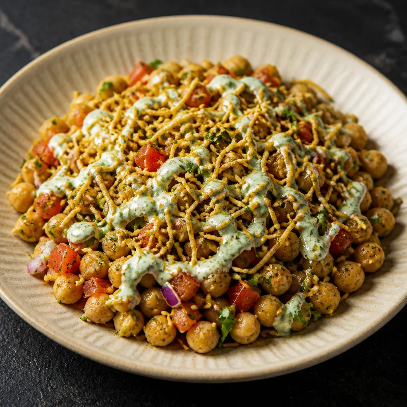 Chana Chaat with Mint Yogurt and Crispy Sev