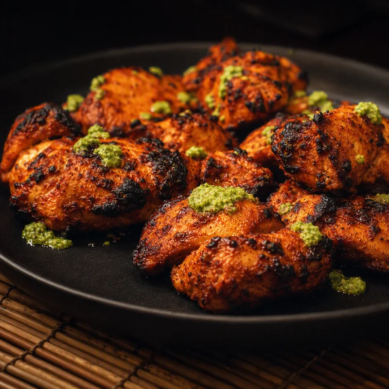 Charred Tandoori Chicken Skewers with Mint-Cilantro Chutney