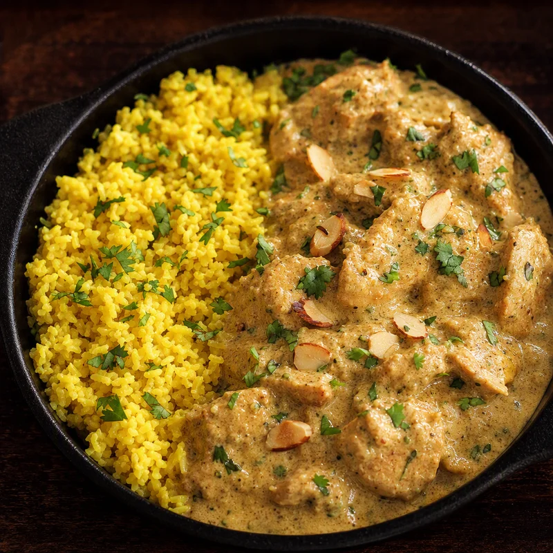 Almond Cream Chicken Korma with Turmeric Cauliflower Rice