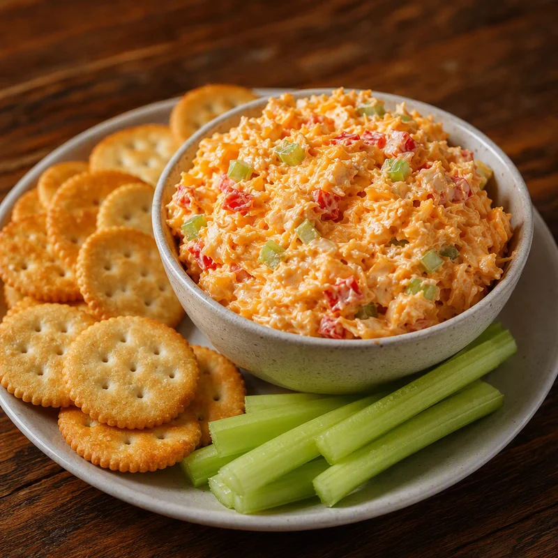 Sharp Cheddar Pimento Cheese with Celery and Crackers