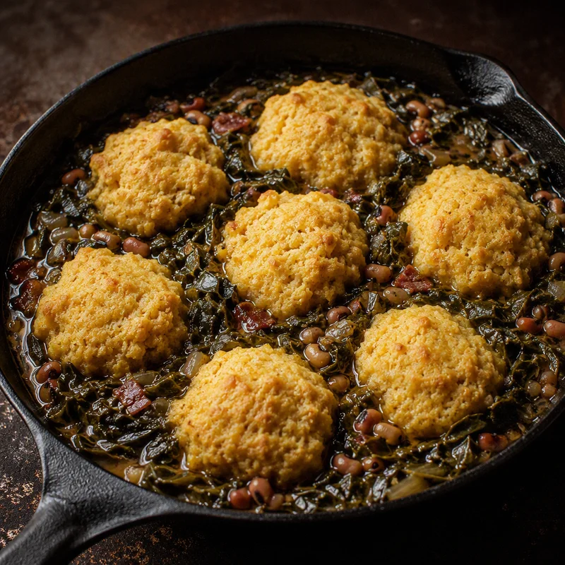 Smoky Collards & Black-Eyed Peas with Cornmeal Dumplings