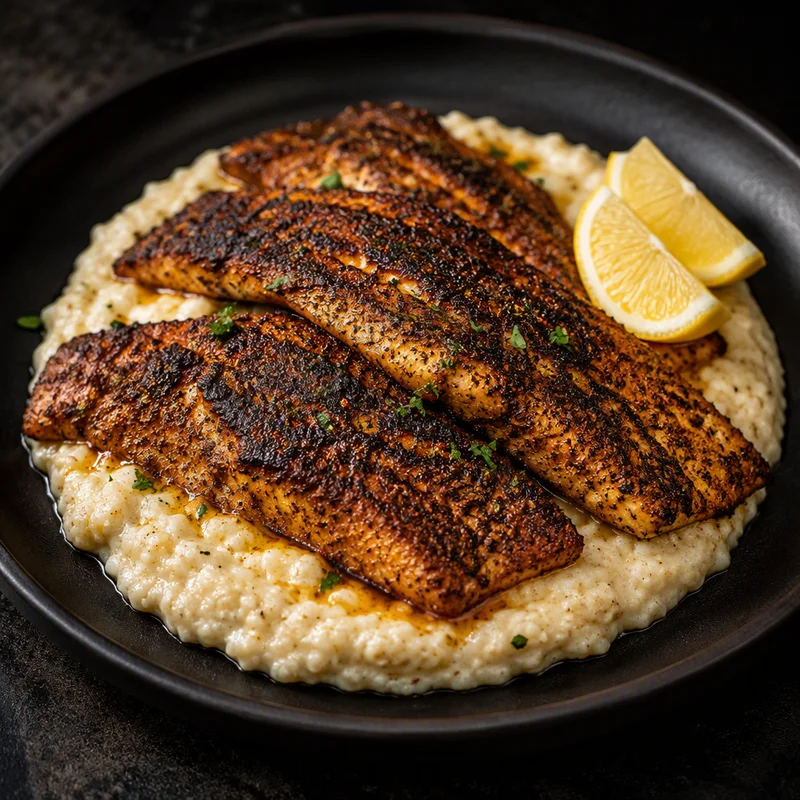 Blackened Catfish over Creamy Cauliflower Grits