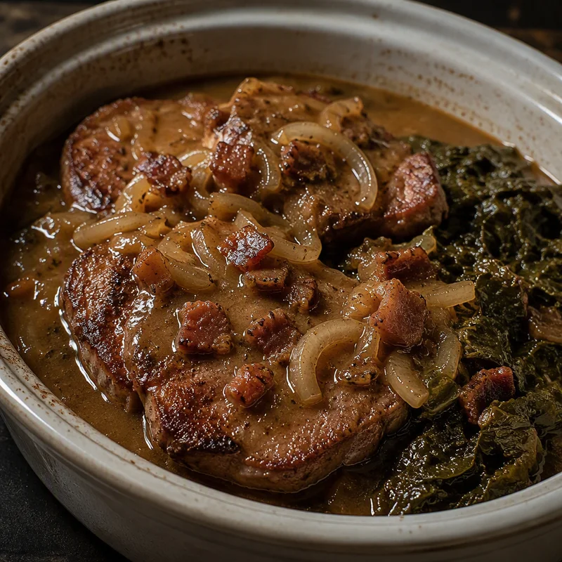 Smothered Pork Chops with Bacon-Onion Gravy and Collards