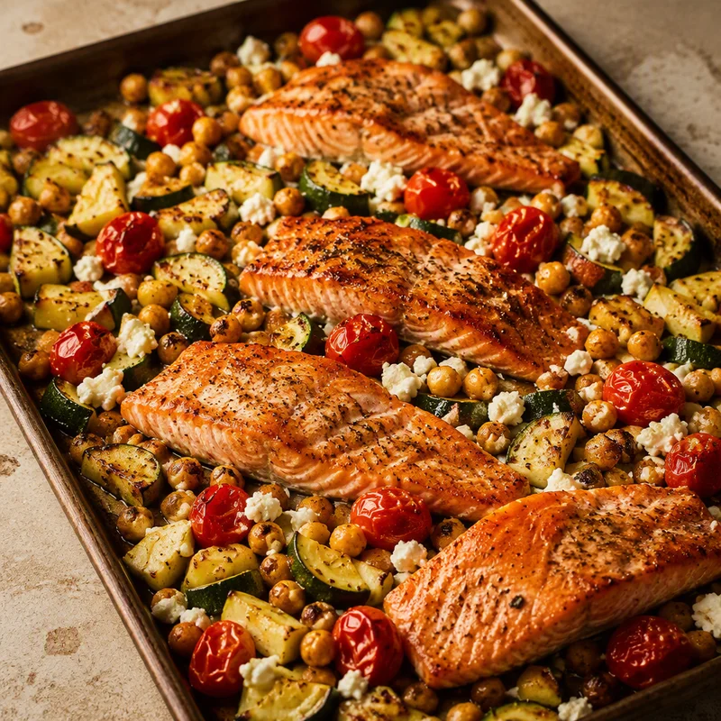 Sheet-Pan Salmon with Crispy Chickpeas, Zucchini and Feta