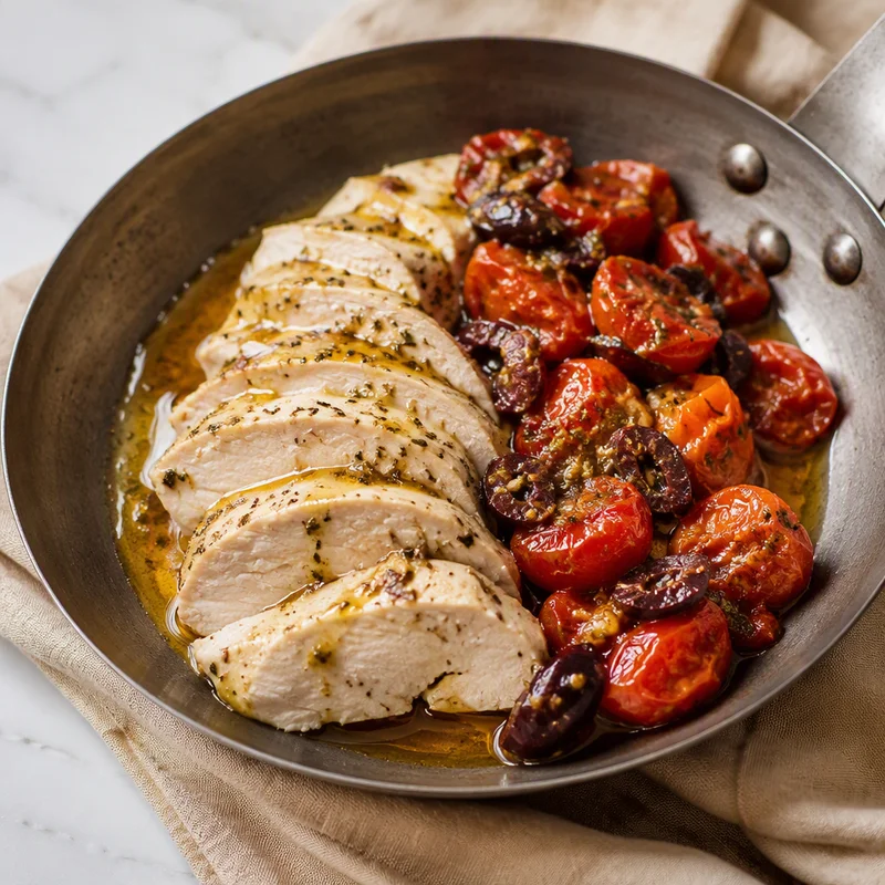Sous Vide Lemon-Oregano Chicken with Blistered Tomato-Olive Relish