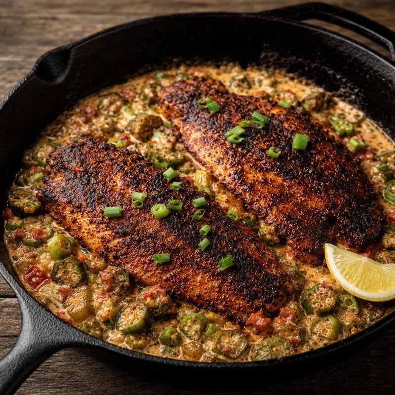 Cast-Iron Blackened Catfish with Creamy Cajun Okra