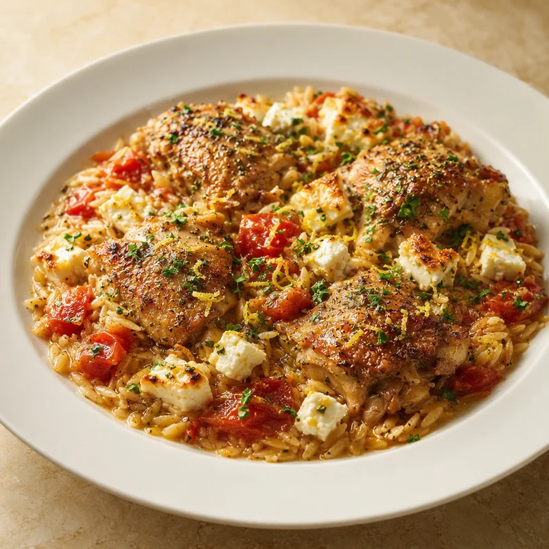 Baked Greek Chicken and Orzo with Tomato and Feta