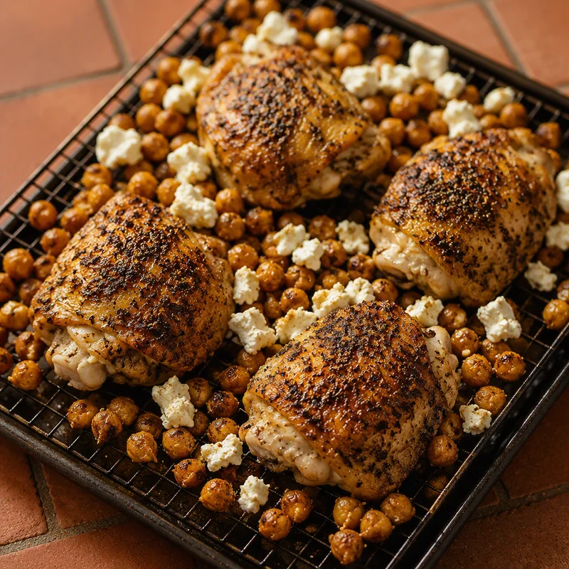 Air Fryer Greek Chicken Thighs with Crispy Chickpeas and Feta