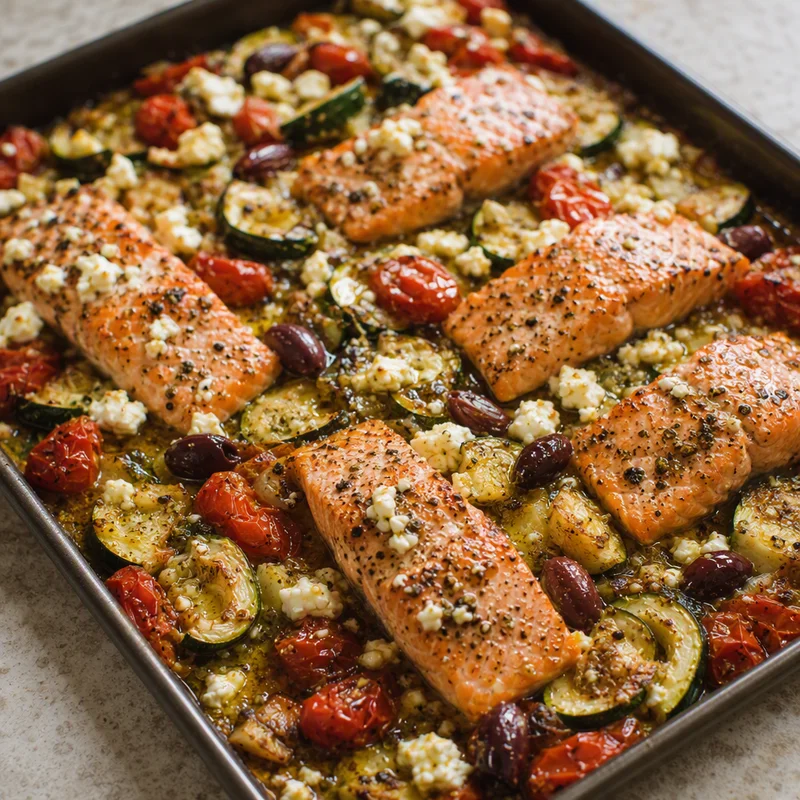 Sheet-Pan Greek Salmon with Zucchini, Tomatoes and Feta