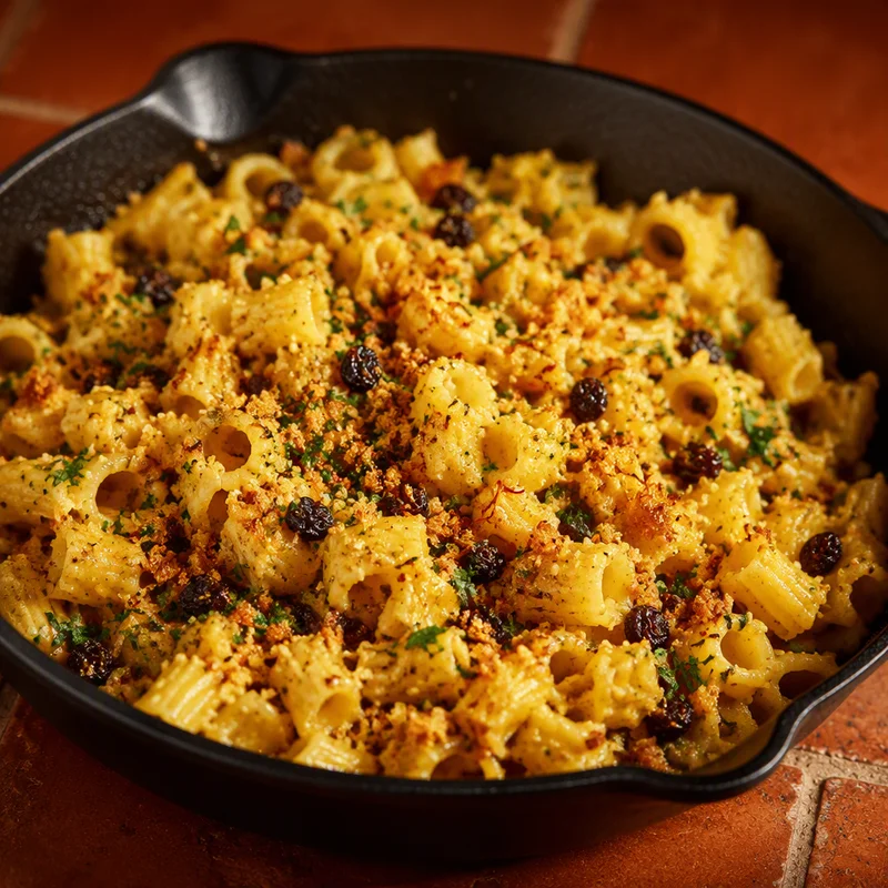 Sicilian Cauliflower Pasta with Saffron, Currants and Toasted Breadcrumbs