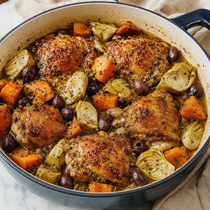 Lemon-Oregano Braised Chicken with Artichokes and Olives