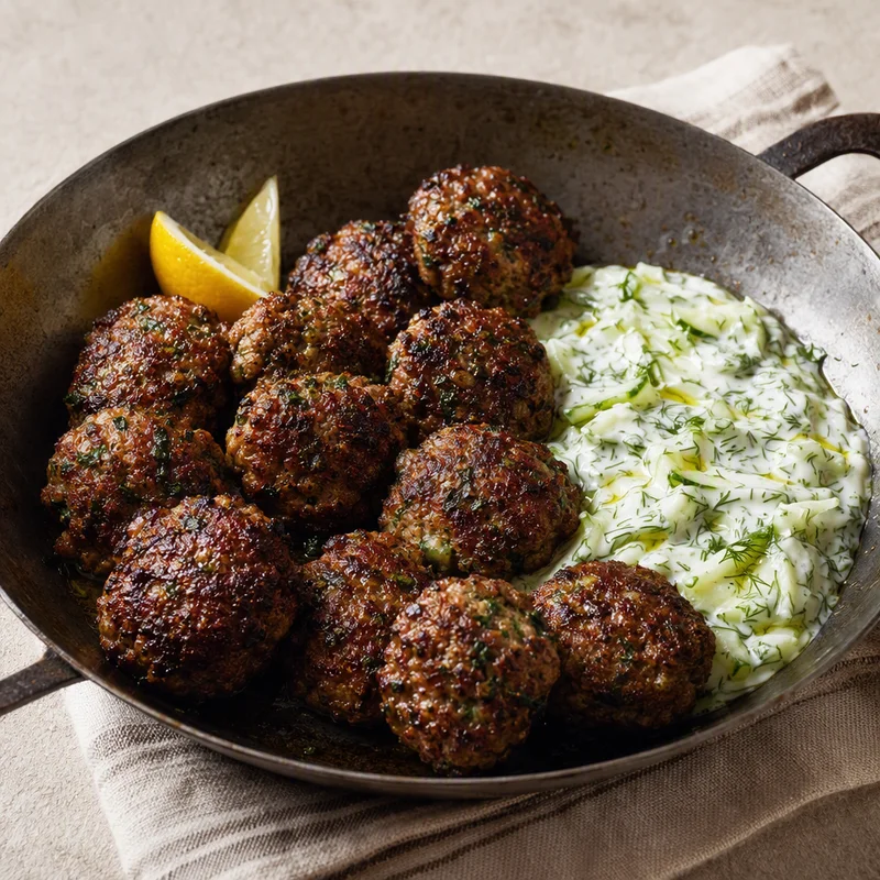 Pan-Fried Lamb Keftedes with Cucumber-Dill Tzatziki