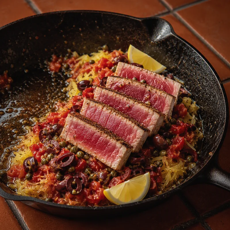 Seared Tuna Puttanesca over Roasted Spaghetti Squash