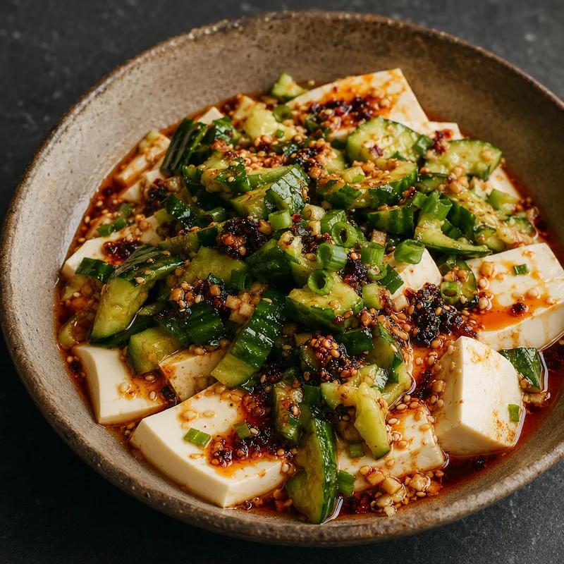 No-Cook Silken Tofu with Smashed Cucumber and Chili Crisp