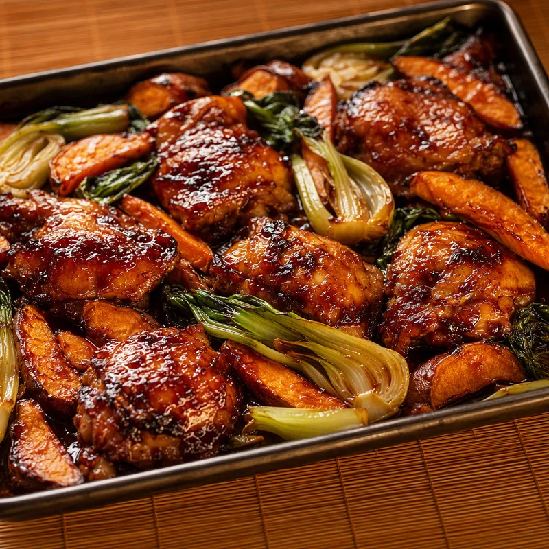 Sheet-Pan Char Siu Chicken with Sweet Potatoes and Bok Choy