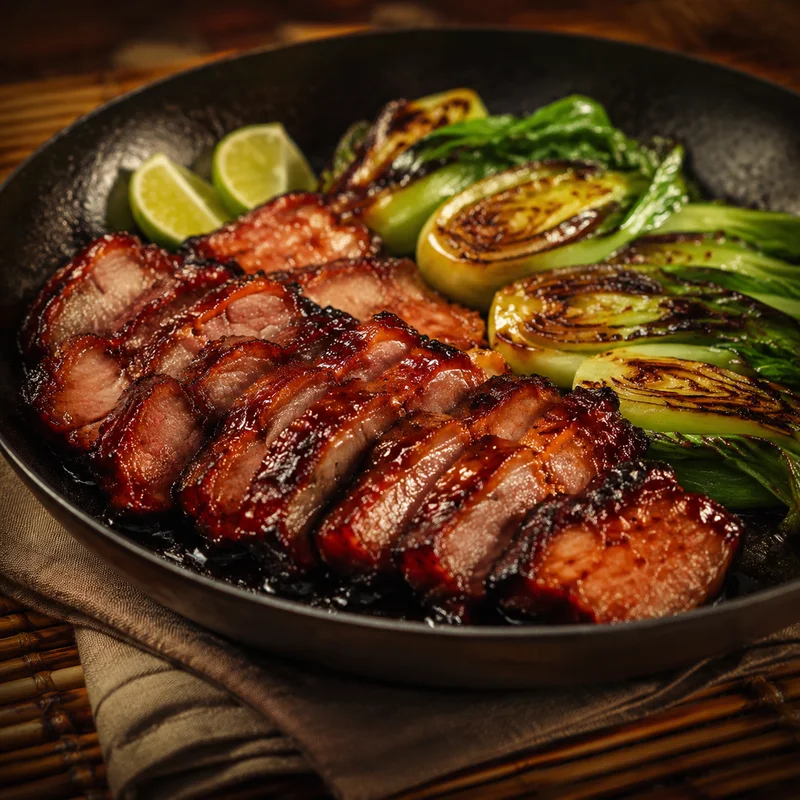 Sticky Char Siu Pork Tenderloin with Charred Baby Bok Choy