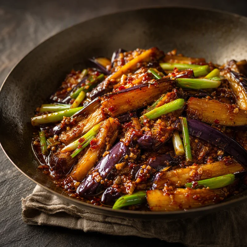 Sticky Garlic-Chili Eggplant with Scallions