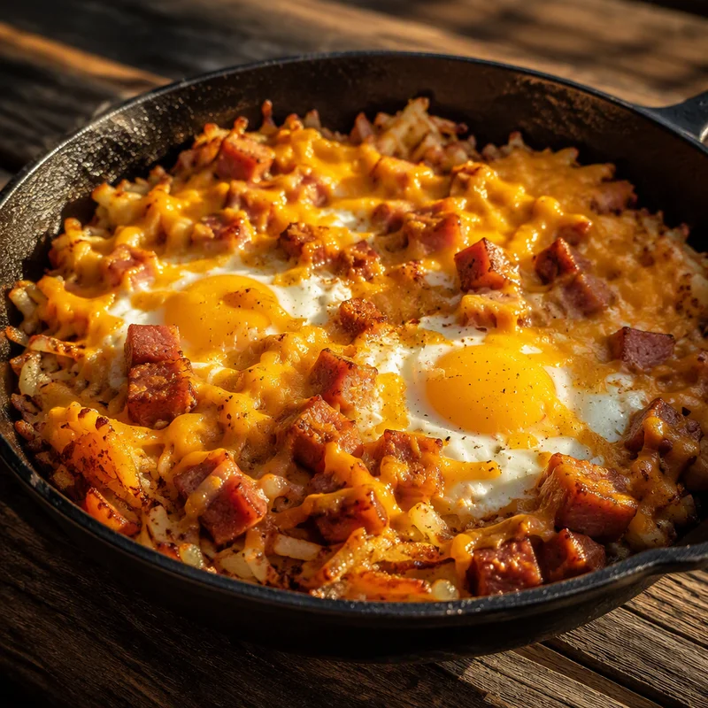 One-Pan Camp Breakfast Skillet with Ham, Egg and Cheddar