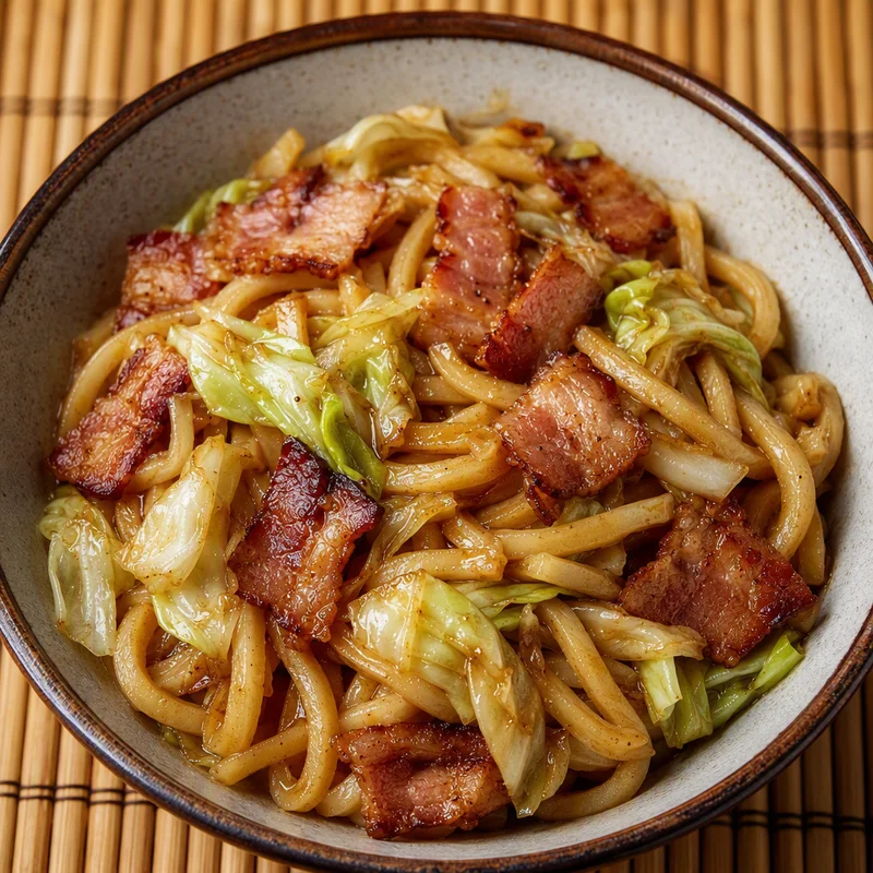 Camp Stove Yaki Udon with Bacon and Cabbage