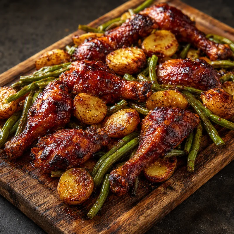 Sheet-Pan BBQ Chicken Drumsticks with Smoky Potatoes and Green Beans